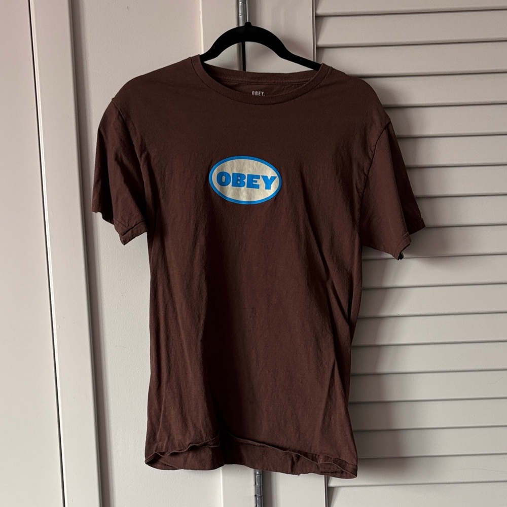 Obey Brown Short-Sleeve Tee with Blue & White Oval Logo